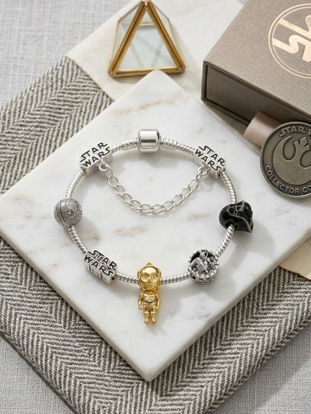 Star Wars Pandora Style Charm Bracelet C3PO Darth Vader Silver Tone